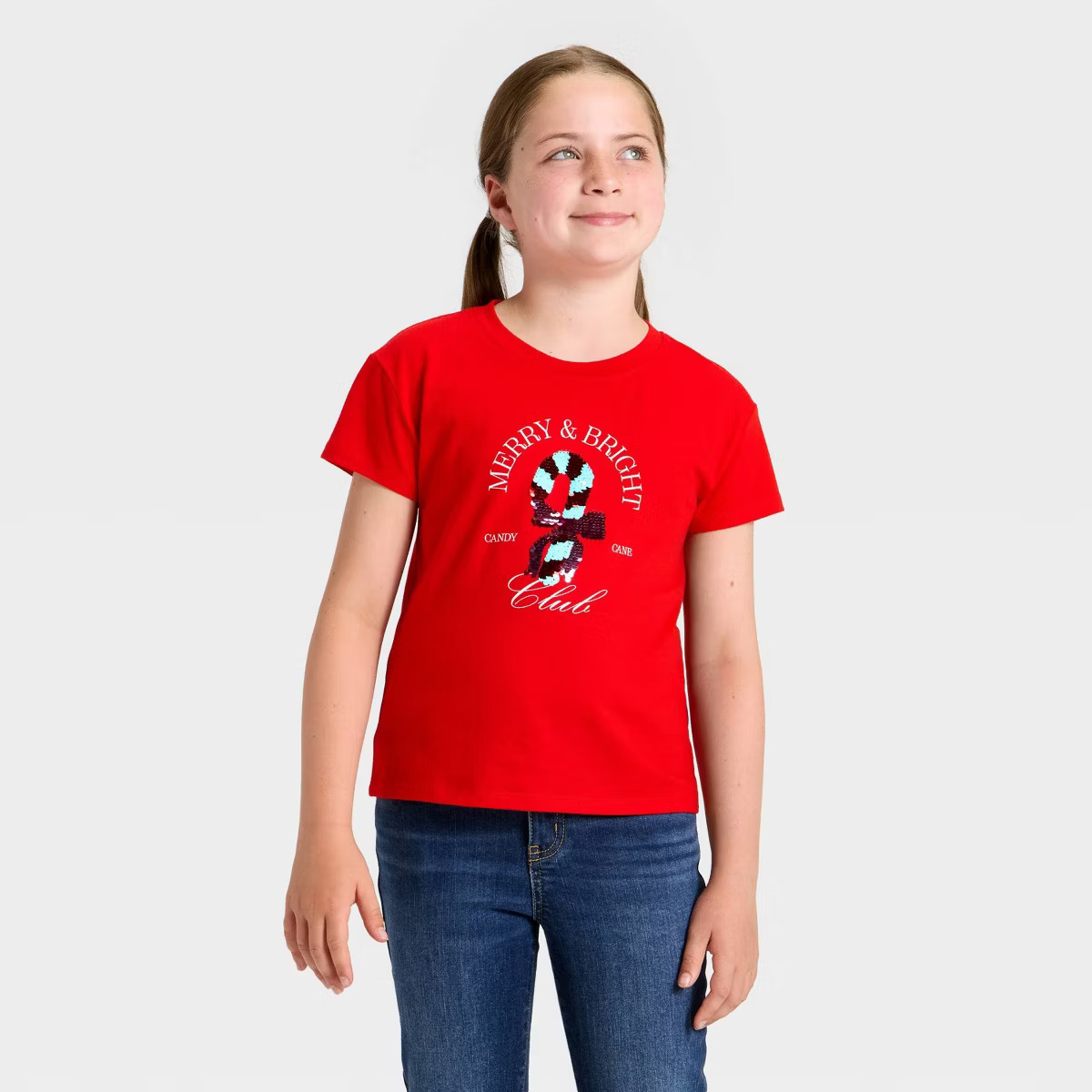 Girls' Short Sleeve Christmas 'Candy Cane' Flip Sequin T-Shirt - Cat & Jack™ Red XL | Target