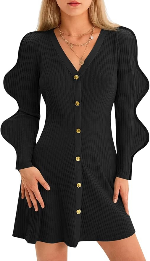 Wenrine Womens Puff Long Sleeve Sweater Dress Casual Button Down V Neck Ribbed Knit A Line Party ... | Amazon (US)