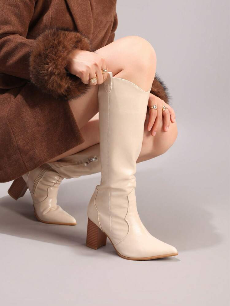Fall/Winter Women's Pointed Toe Beige Boots, Chunky Heel Tall Knee-High Boots, Minimalist Side Zipper Leather High Heel Boots, 2025 New Arrival | SHEIN