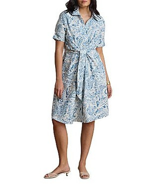 Lauren Ralph Lauren Plus Size Woven Paisley Point Collar Elbow Sleeve Tie Front Shirt Dress -  14W | Dillard's
