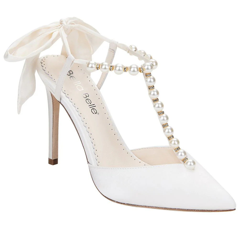 T-Strap Ivory Heels with Pearls and Ankle Strap Bow | Bella Belle Shoes