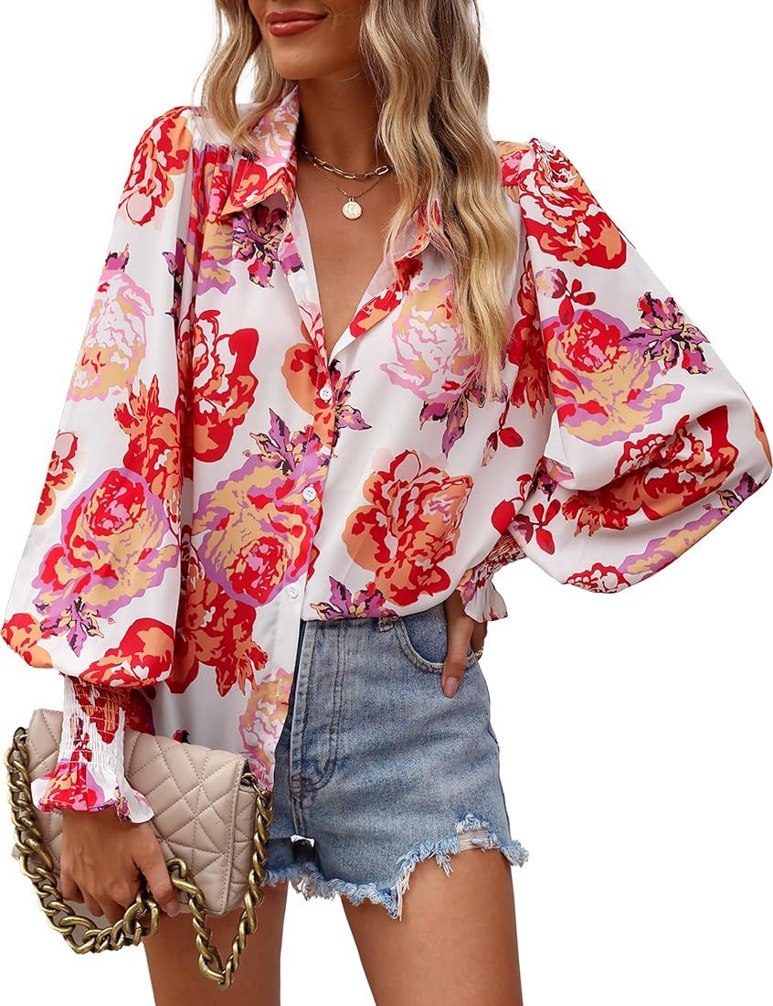 Jollycode Women's Floral Print Button Down Shirts Blouse V Neck Long Puff Sleeve Loose Boho Tops | Amazon (US)