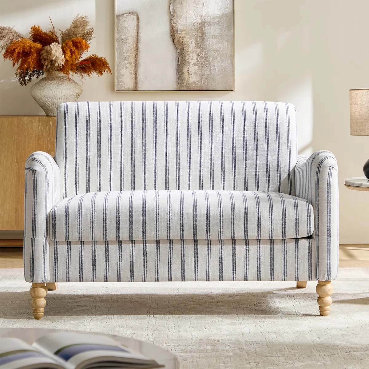 Terren 50.5"W Farmhouse Linen Upholstery Loveseat With Solid Wood Spindle Legs | Wayfair North America