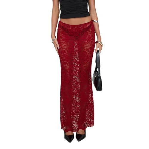 Womens Lace Maxi Skirt Y2k High Waist Sheer Mesh Midi Skirt Sexy See Through Cover Up Long Skirt Streetwear(Lace Red,X-Large | Amazon (US)