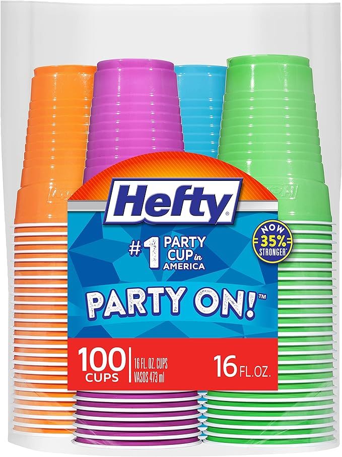 Hefty Party On Disposable Plastic Cups, Assorted, 16 Ounce, 100 Count | Amazon (US)