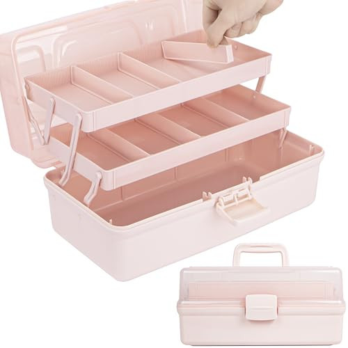 TERGOO 14in 3-Layer Multipurpose Craft Organizers and Storage with Adjustable Dividers, Portable Tackle Box, Folding Art & Craft Case for Medicine, Tool, Sewing Organizer (Pink, X-Large) | Amazon (US)