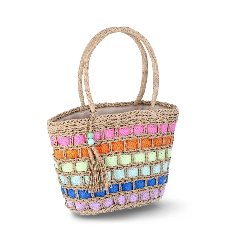 No Boundaries Festival Straw Top Handle Bag, Natural/Rainbow, Women's | Walmart (US)
