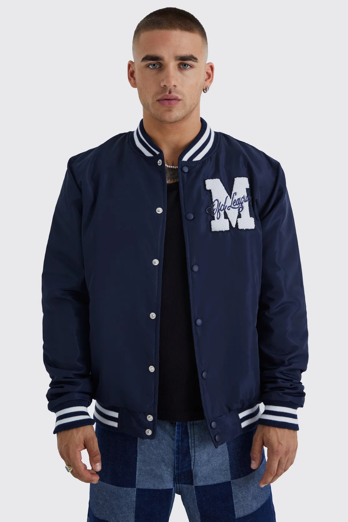 Nylon Varsity Jacket With M Badge | boohooMAN (DE, IE & UK)
