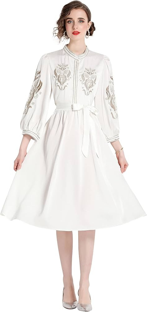 LAI MENG FIVE CATS Women's Vintage Retro V-Neck Allover Floral Print Casual Elegant Midi Dress | Amazon (US)