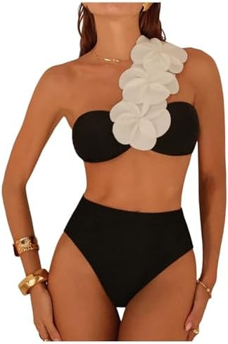 SHENHE Women's One Shoulder Bikini Set High Waisted 3D Flower Bandeau Swimsuits 2 Piece Swimwear | Amazon (US)