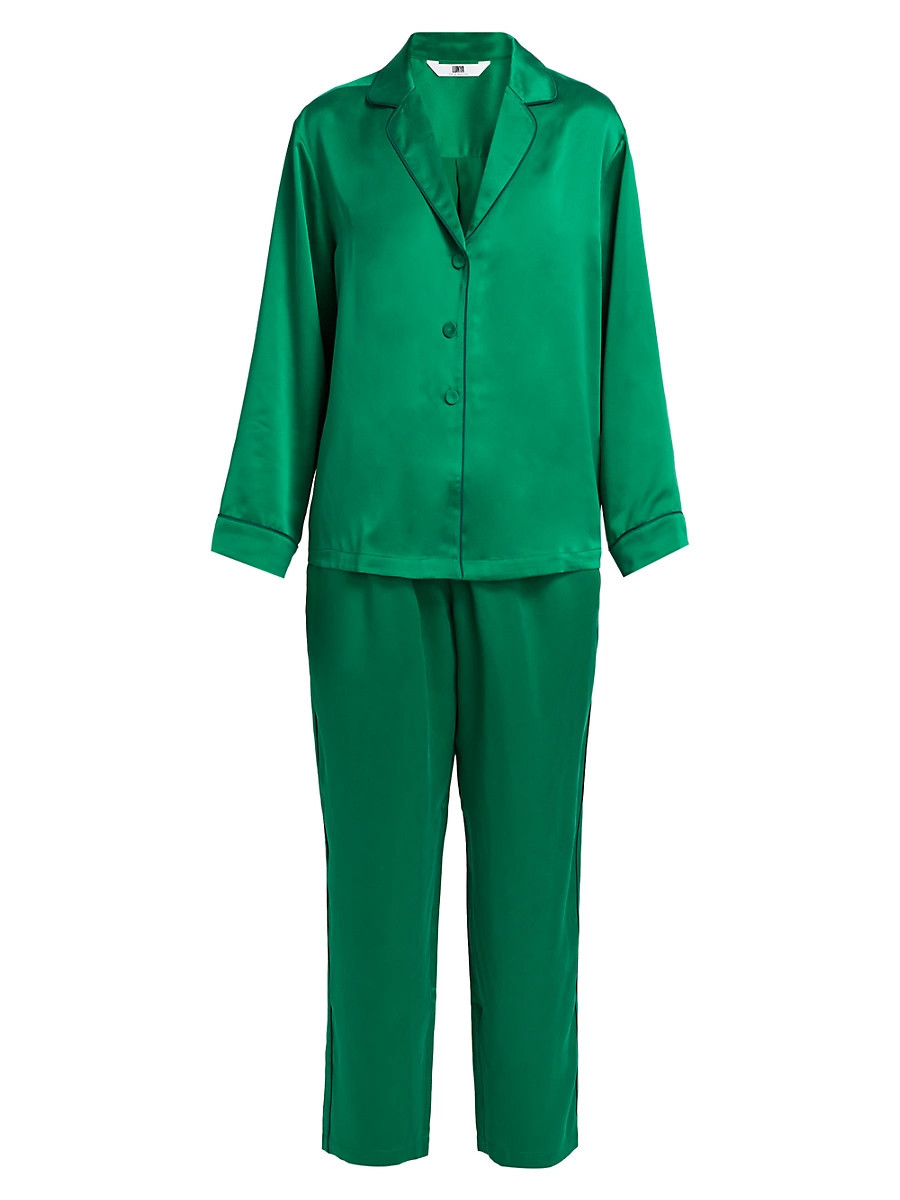 Women's Piped Washable Silk Long-Sleeve Pajamas - Estuarine Green Noble Emerald - Size XS | Saks Fifth Avenue