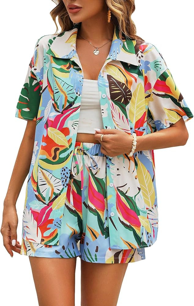 Verdusa Women's 2 Piece Outfits Tropical Drop Shoulder Button Front Shirt Top with Shorts Set | Amazon (US)