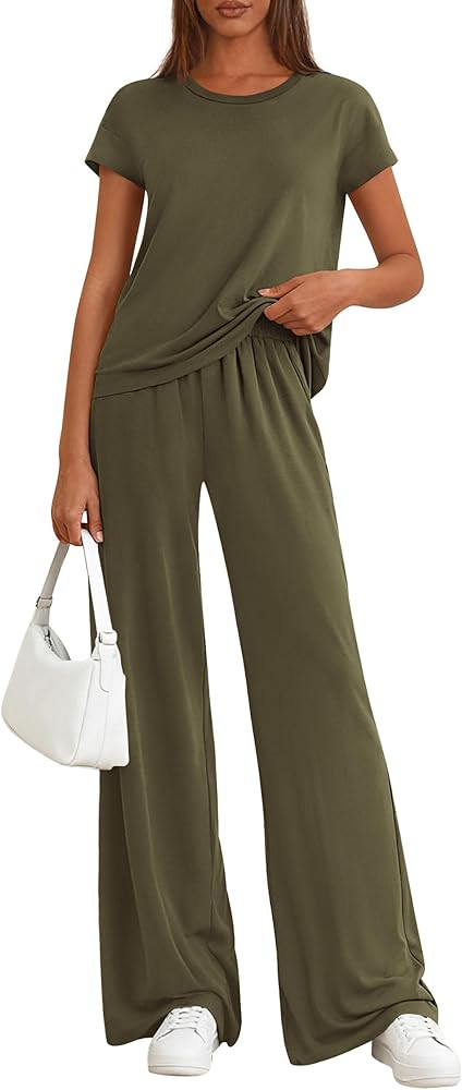 Amazon.com: PRETTYGARDEN Women's 2026 Summer 2 Piece Matching Lounge Sets Short Sleeve Shirts Tops Wide Leg Pants Travel Airport Outfits (Army Green,Small) : Clothing, Shoes & Jewelry | Amazon (US)