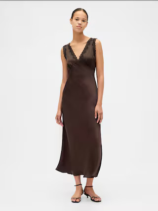 Satin Lace-Trim V-Neck Maxi Slip Dress | Gap (US)