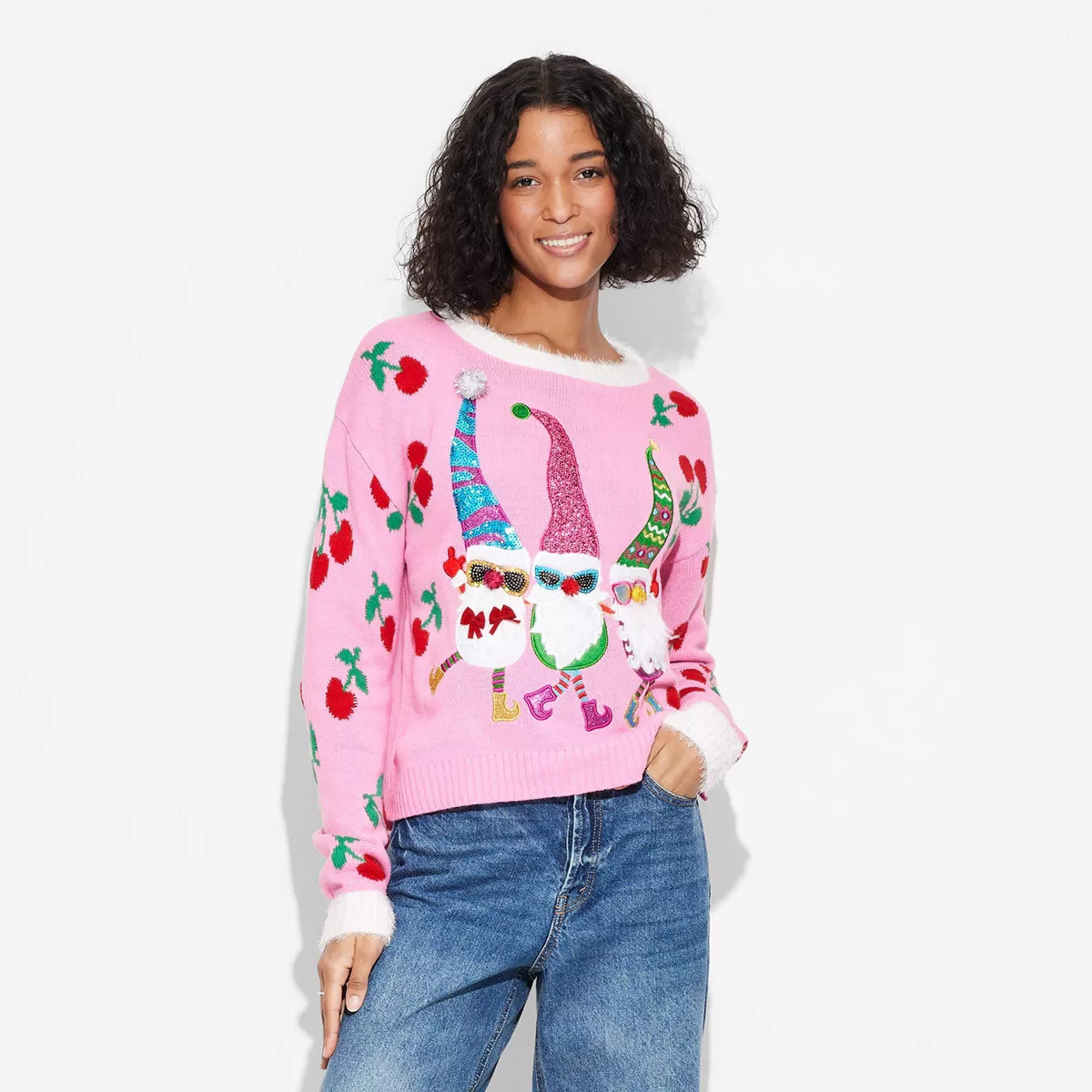 Women's Gnome Cherries Festive Graphic Sweater - Pink S | Target