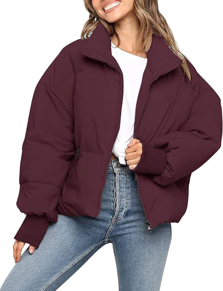 MEROKEETY Women's Winter Long Sleeve Zip Puffer Jacket Pockets Baggy Short Down Coats | Amazon (US)