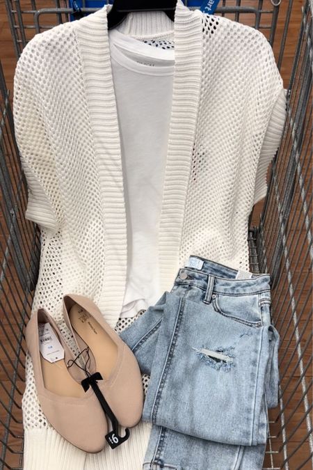 Walmart outfit idea with this crochet duster cardigan, boyfriend jeans and Rothy’s lookalike flats. (These are the blush pink ones.) Fits true to size; I’m a S/M in the sweater, medium in the tee, 6 in the jeans. #walmartfashion 

#LTKfindsunder50 #LTKstyletip #LTKfindsunder100