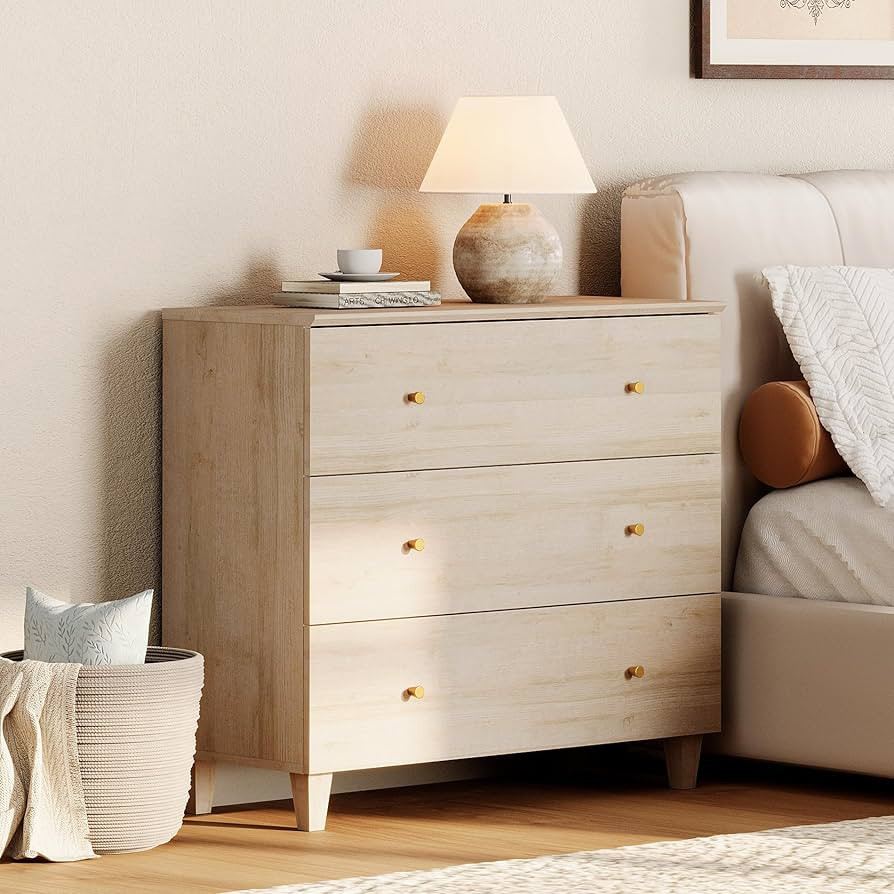 WAMPAT Nightstand with 3 Wide Drawers for Bedroom, Modern Wood Bedside Table Chest Dresser Night ... | Amazon (US)