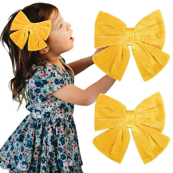 Velvet Hair Bows Girls 6" 2PCS Big Yellow Fall bow Alligator Clips for Toddler Hair Clips Toddler... | Amazon (US)