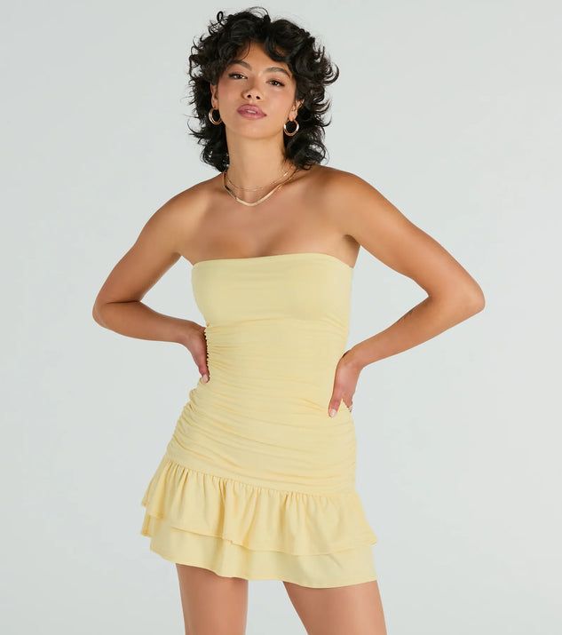 Here Comes The Sun Strapless Ruffle Mini Dress | Windsor Stores