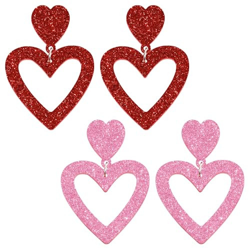 2 Pairs Heart Valentine's Earrings for Women Pink Red Love Heart Dangle Earrings Set Valentines Party Jewelry Gifts (Pink+Red) | Amazon (US)