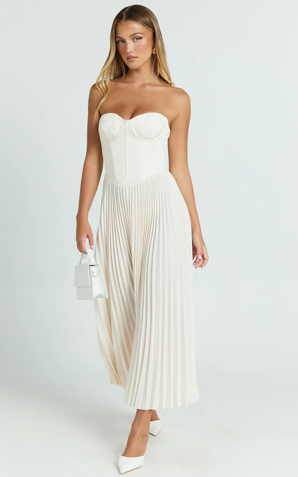 Loretta Midi Dress - Lace Up Back Bustier Pleated Dress in Cream | Showpo (US, UK & Europe)