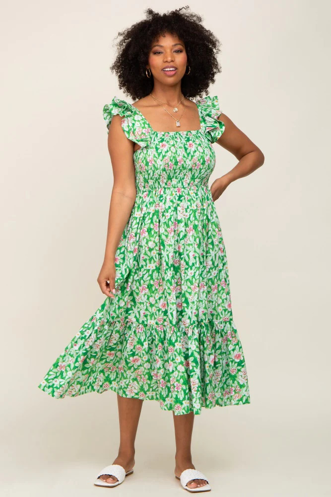 Green Floral Smocked Frill Sleeve Midi Dress | PinkBlush Maternity