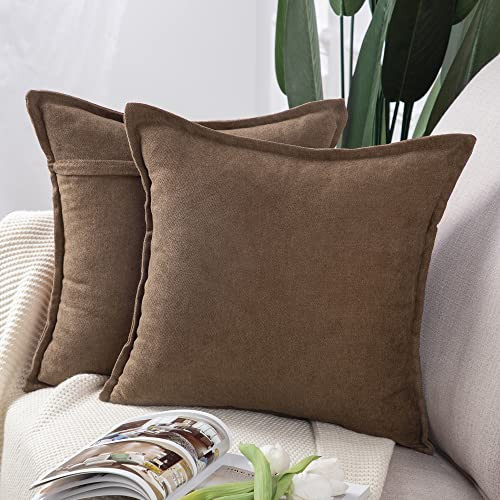 MADIZZ Set of 2 Short Chenille Throw Pillow Covers 20x20 Inch Brown Soft Decorative Cushion Cover for Sofa Bedroom Pillow Shell | Amazon (US)