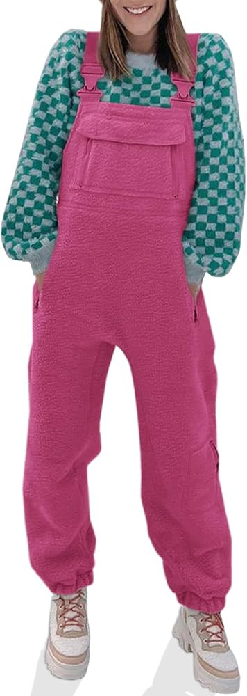 Tongmingyun Women's Cute Fleece Overalls Winter Warm Casual Jumpsuits with Zipper Pockets | Amazon (US)