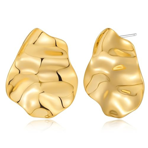ENSKEFEN Irregular Gold Stud Earrings for Women Hammered Wavy Gold Earrings Boho Geometric Statement Earring Vintage Pleated Earring | Amazon (US)