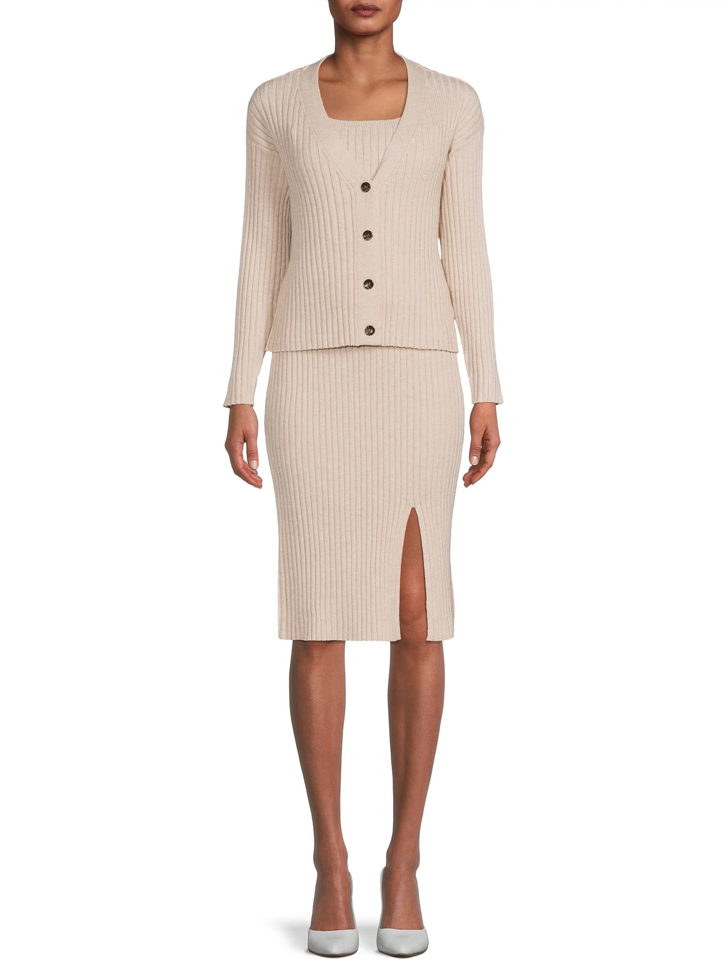 Time and Tru Women's Rib Knit Cardigan, Skirt and Cami Set, 3-Piece | Walmart (US)