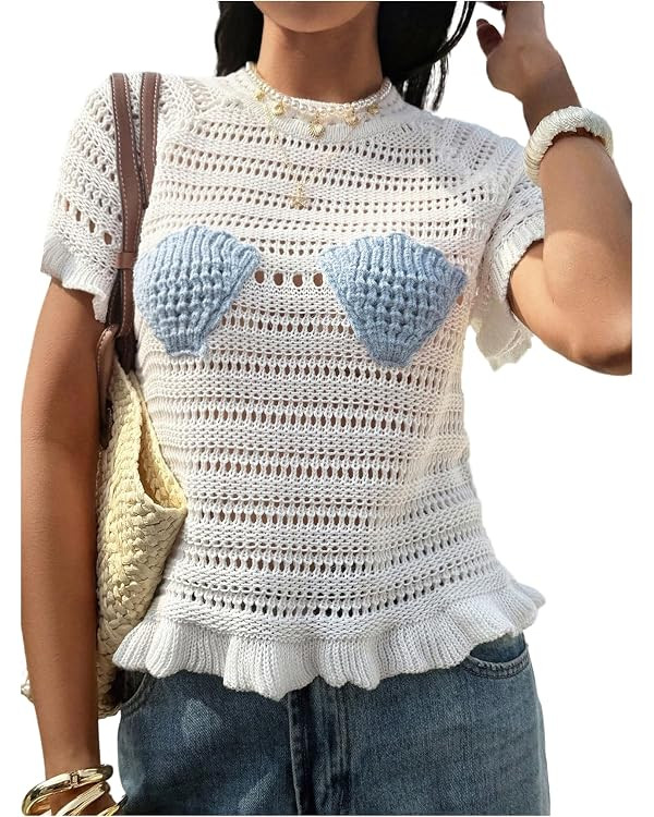 SHENHE Women's Boho Crochet Top Hollow Out Short Sleeve Sweaters Summer Beach Knit Cover Ups | Amazon (US)