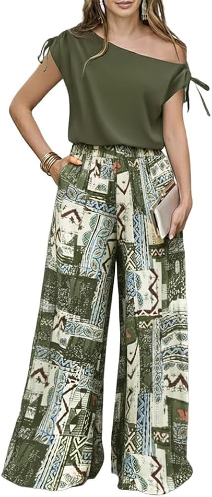 CHICME Women Summer 2 Piece Outfits Cold Shoulder Top Floral Print Wide Leg Pants Sets Travel Vac... | Amazon (US)