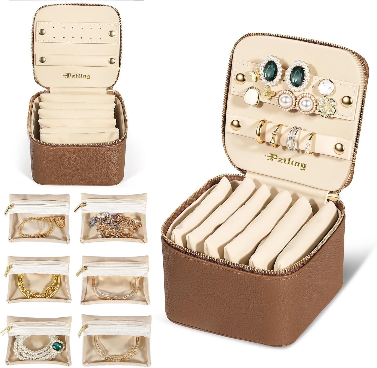 Travel Jewelry Case Organizer - Compact PU Leather Jewelry Box with 6 Small Portable Velvet Jewelry Pouches & 2 Inner Lid Slots for Rings Earrings Necklaces Bracelets,Ideal Gift for Women Girls(Brown) | Amazon (US)