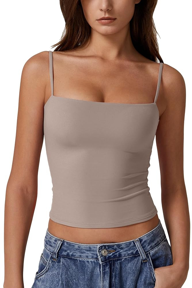 QINSEN Women's Double Lined Basic Tank Top Adjustable Spaghetti Straps Sleeveless Camisole Shirts | Amazon (US)