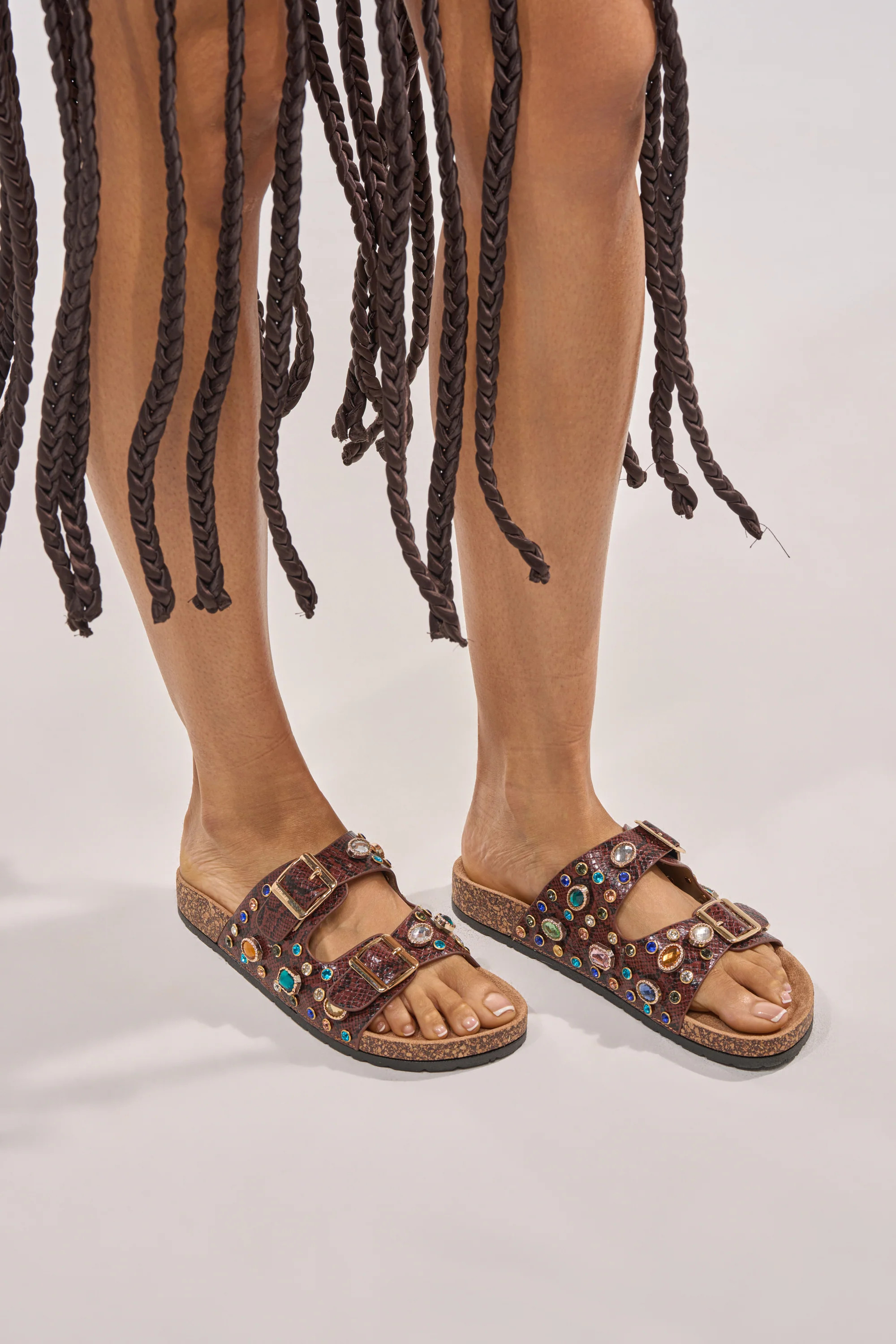 AKIRA BAYLEAVES BROWN SNAKE EMBELLISHED FLAT SLIP ON SANDAL | AKIRA
