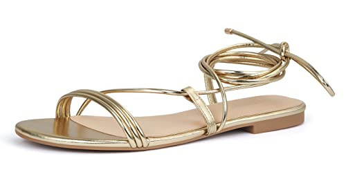 PARTY Women's Strappy Sandals Lace Up Flats Tie Up Open Toe Ankle Strap Shoes, Gold, 7 | Amazon (US)