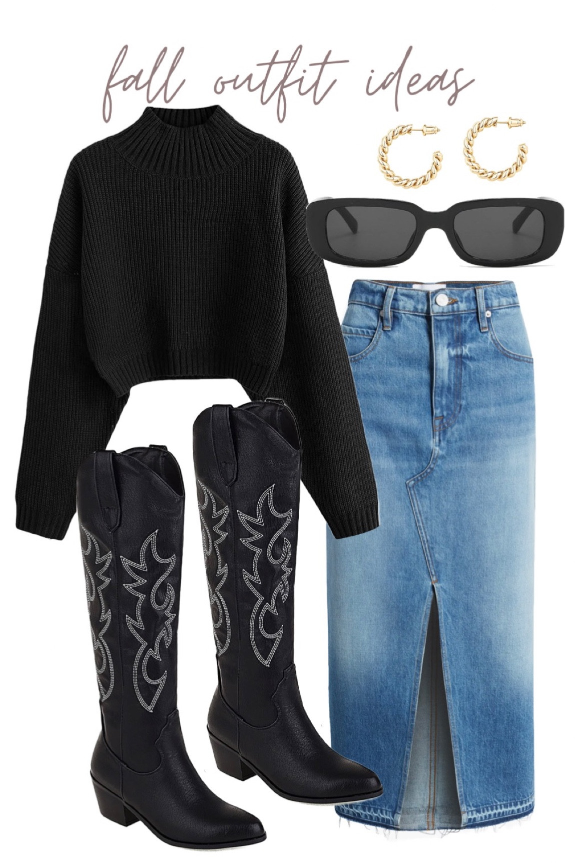 fall outfit idea! turtleneck sweater. denim maxi skirt. Black cowboy boots.

#LTKstyletip #LTKFind #LTKSeasonal