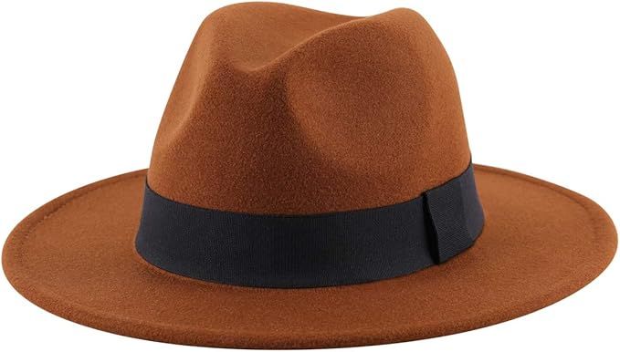 Lanzom Women Wide Brim Warm Wool Fedora Hat Retro Style Belt Panama Hat | Amazon (US)