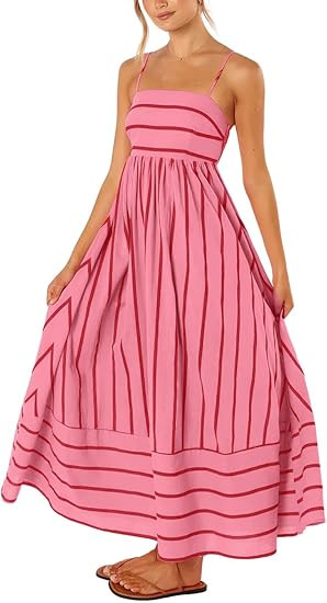 chouyatou Women's Striped Back Smocked Maxi Dress Sexy Spaghetti Strap Cut Out Flowy Swing Long D... | Amazon (US)