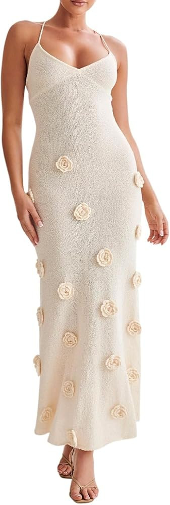 Women's Tie Up Flower Knit Cami Sleeveless Long Spaghetti Strap Bodycon Maxi Dress | Amazon (US)