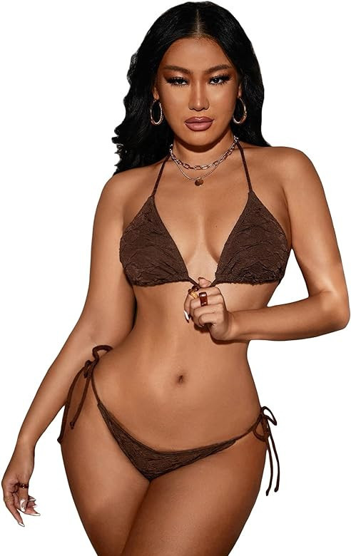 GORGLITTER Women's 2 Pcs Thong Bikinis Self Tied Triangle Bra with G-String Swimsuit | Amazon (US)