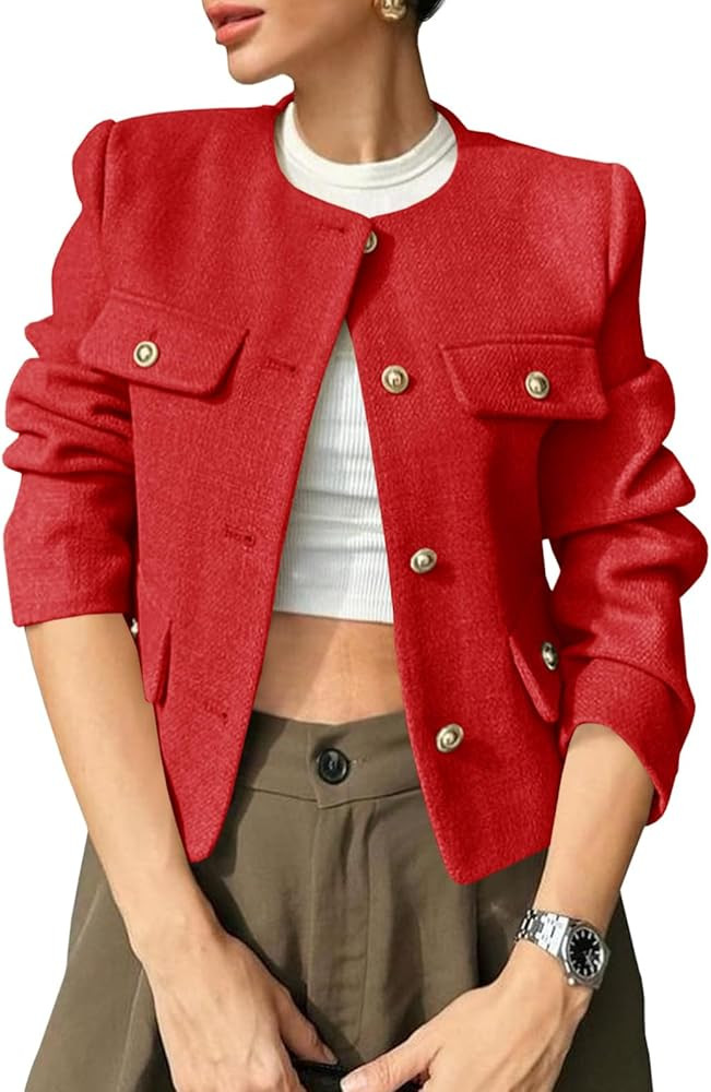 Cicy Bell Womens Cropped Tweed Blazers Jacket Collarless Button Down Business Casual Winter Coats... | Amazon (US)