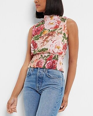 Conscious Edit Floral Satin Mock Neck Smocked Waist Top | Express