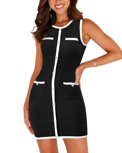 BTFBM Women's 2025 Summer Sweater Dress Sleeveless Ribbed Knit Bodycon Mini Dresses Solid Color Button Short Dress(Solid Black,Medium) | Amazon (US)