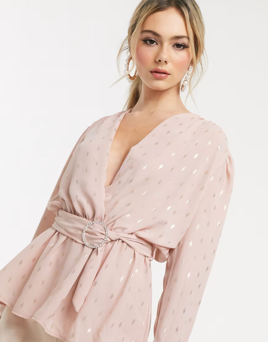 John Zack wrap front top with belt detail in pink metallic print | ASOS (Global)