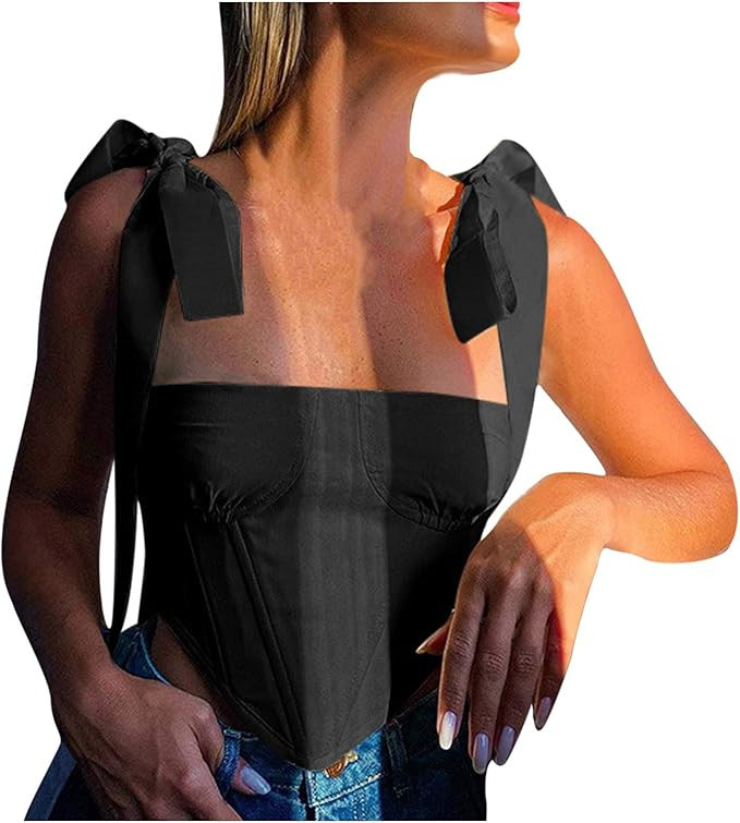 Bow tie Shoulder Crop top Solid Square Neck Tank top with Triangle Hem Front | Amazon (US)