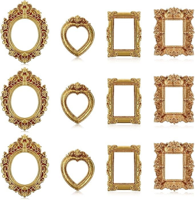 Miniature Dollhouse Mirror & Picture Frames Set 12 PCS Vintage Gold Resin Mini Frames with Carved... | Amazon (US)