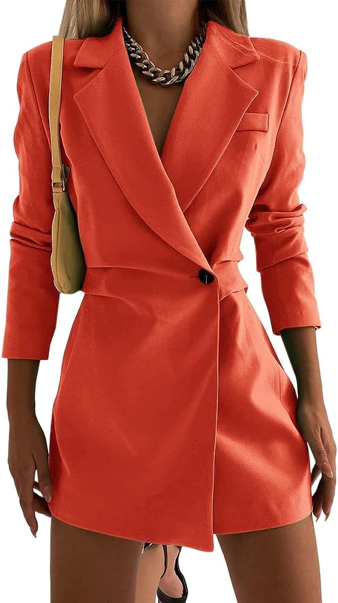 Hdieso Women's Elegant Blazers Dress Long Sleeve Button Down Work Office Jackets Long Blazer | Amazon (US)
