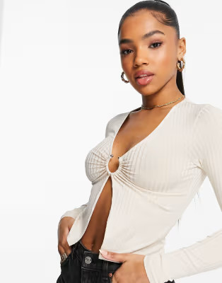 ASOS DESIGN long sleeve rib top with metal detail in beige | ASOS | ASOS (Global)